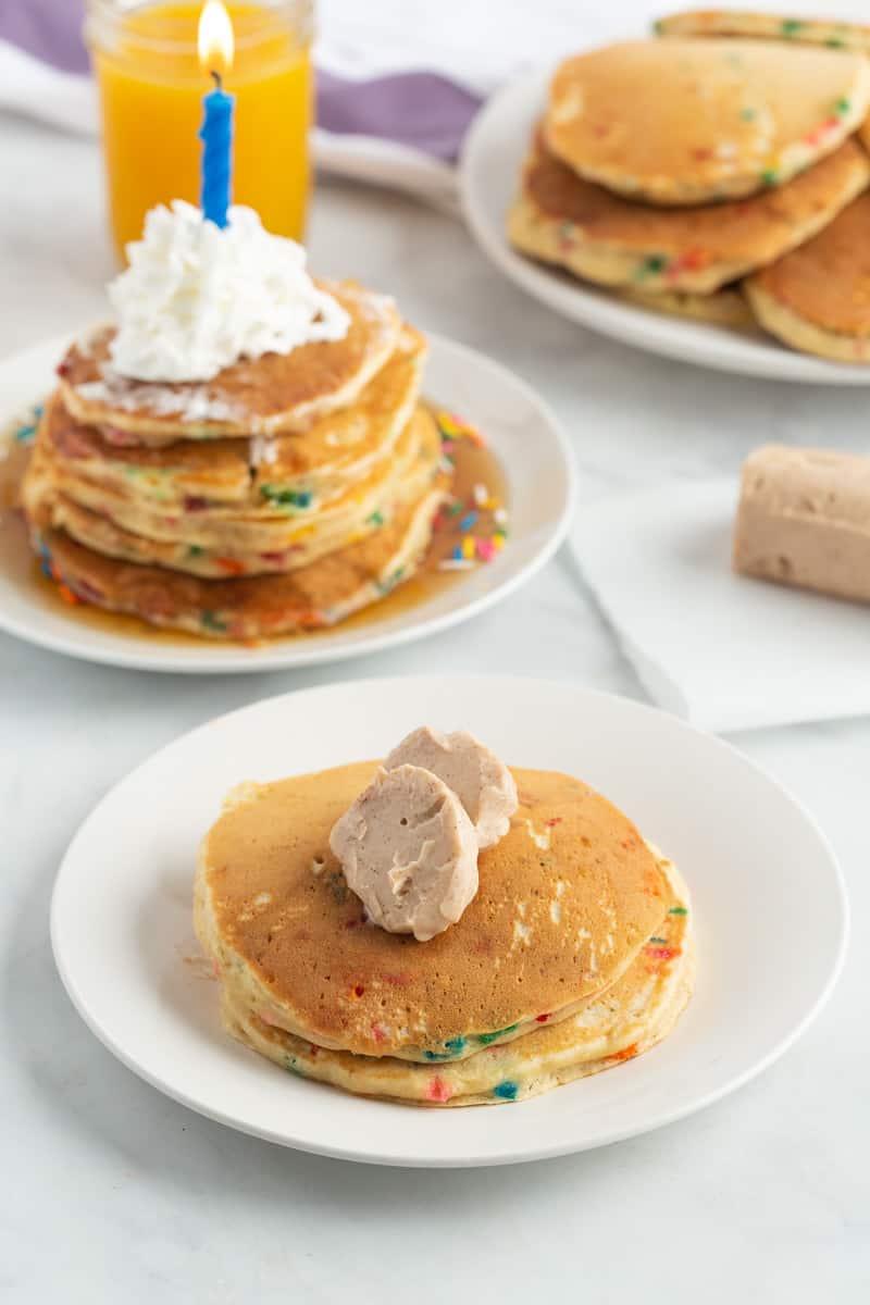 Sweet cinnamon butter on a stack of pancakes.