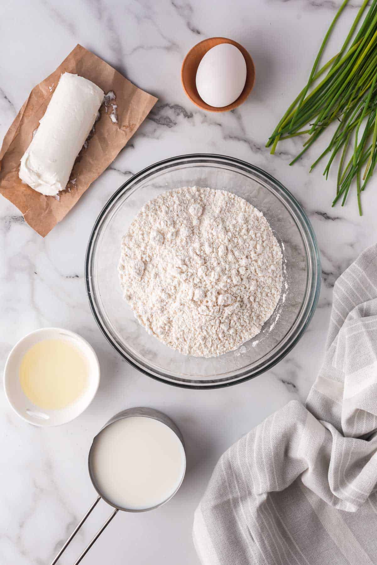 Overhead view of ingredients for goat cheese waffles.