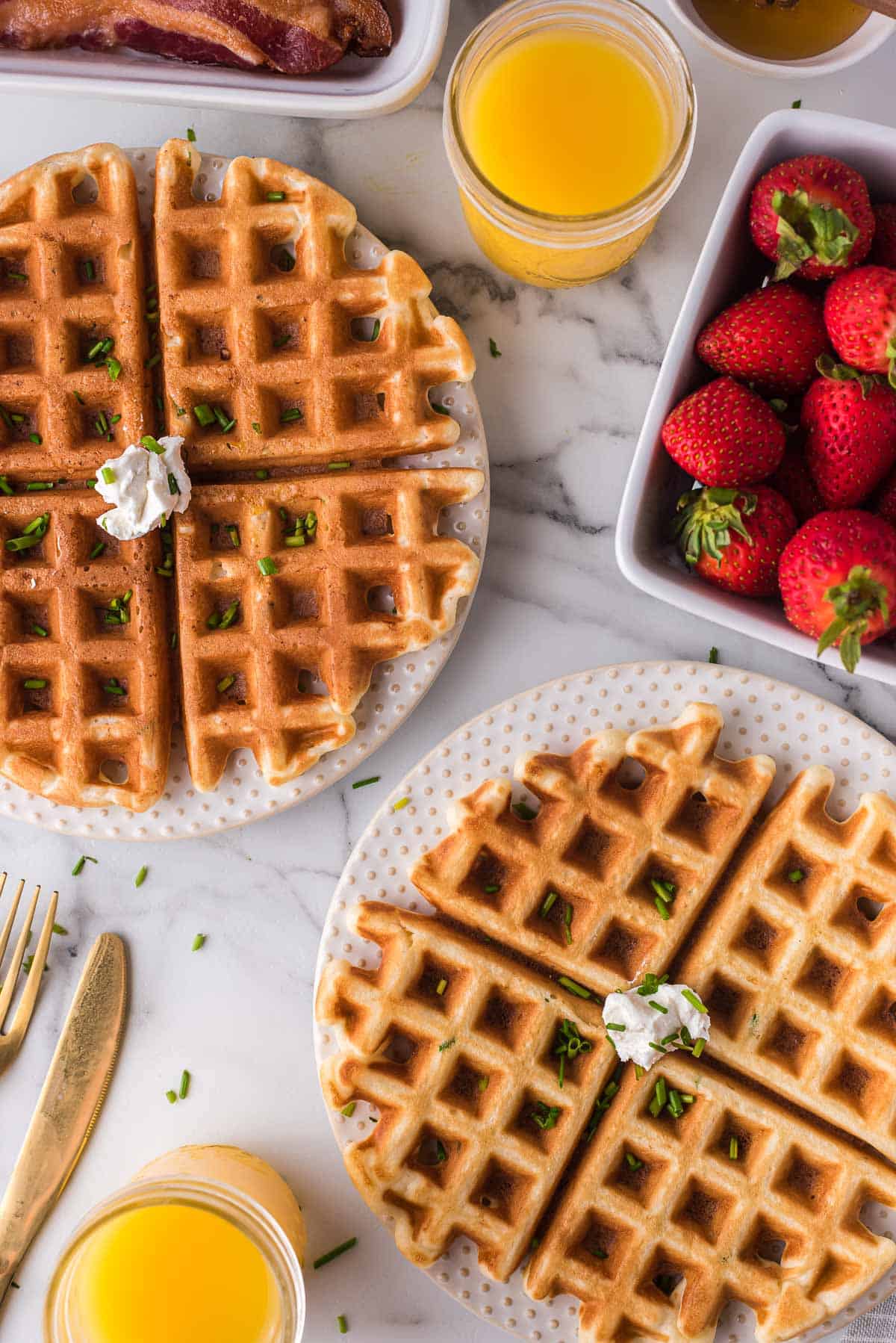 Two large waffles, overhead view.