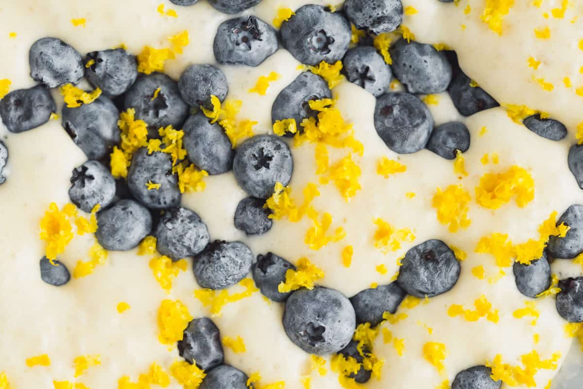 Close up of blueberries and lemon zest in fluffy pancake batter.