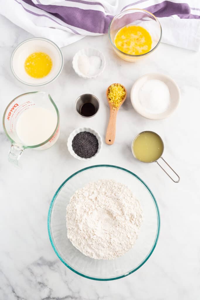 Overhead view of lemon poppy seed pancake ingredients on a white background.