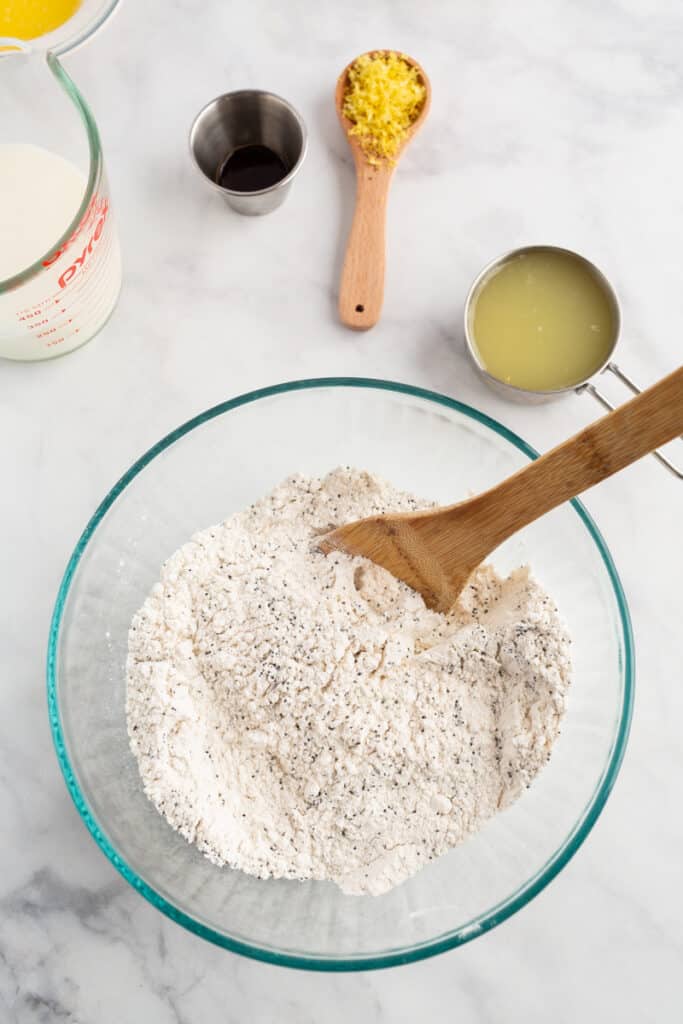 Dry ingredients for lemon poppy seed pancakes.