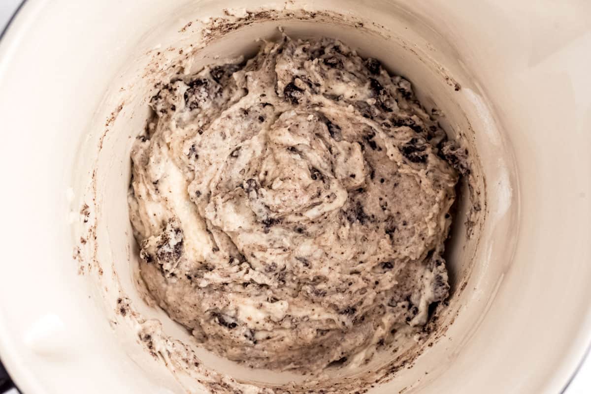 Close up of pancake batter with oreo cookies.
