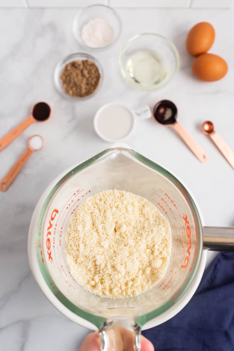 Overhead view of ingredients needed to make pancakes with almond flour.