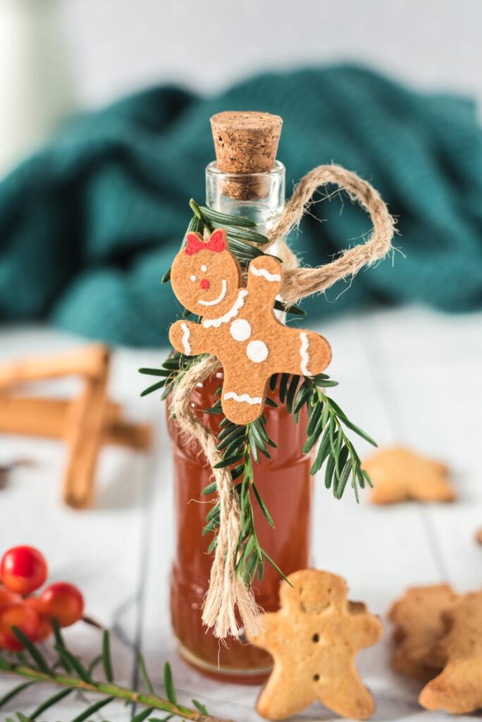 Gingerbread coffee syrup in a small glass bottle.