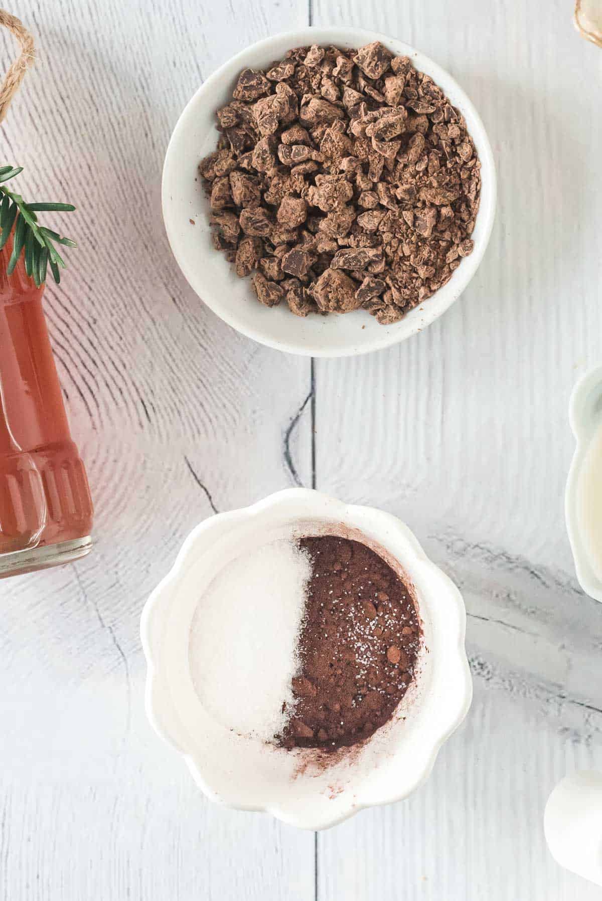 Cocoa powder and sugar in a small bowl.