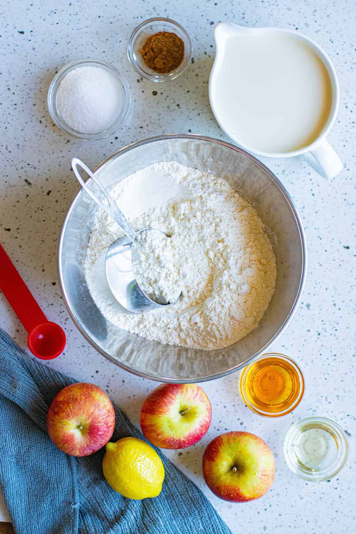 Ingredients needed for vegan apple pancakes.