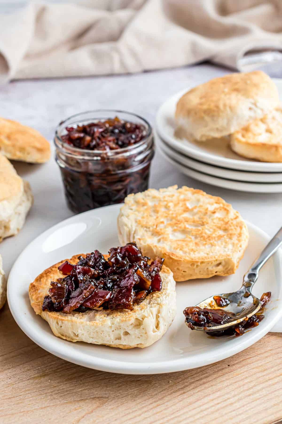 Jam made with bacon and bourbon, on a split open biscuit.