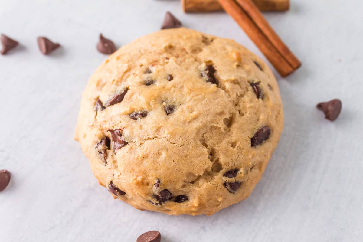 Close up image of pancake mix cookie with chocolate chips.