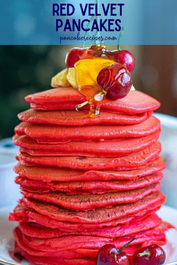 Stack of pancakes, text overlay reads "red velvet pancakes, pancakerecipes.com"
