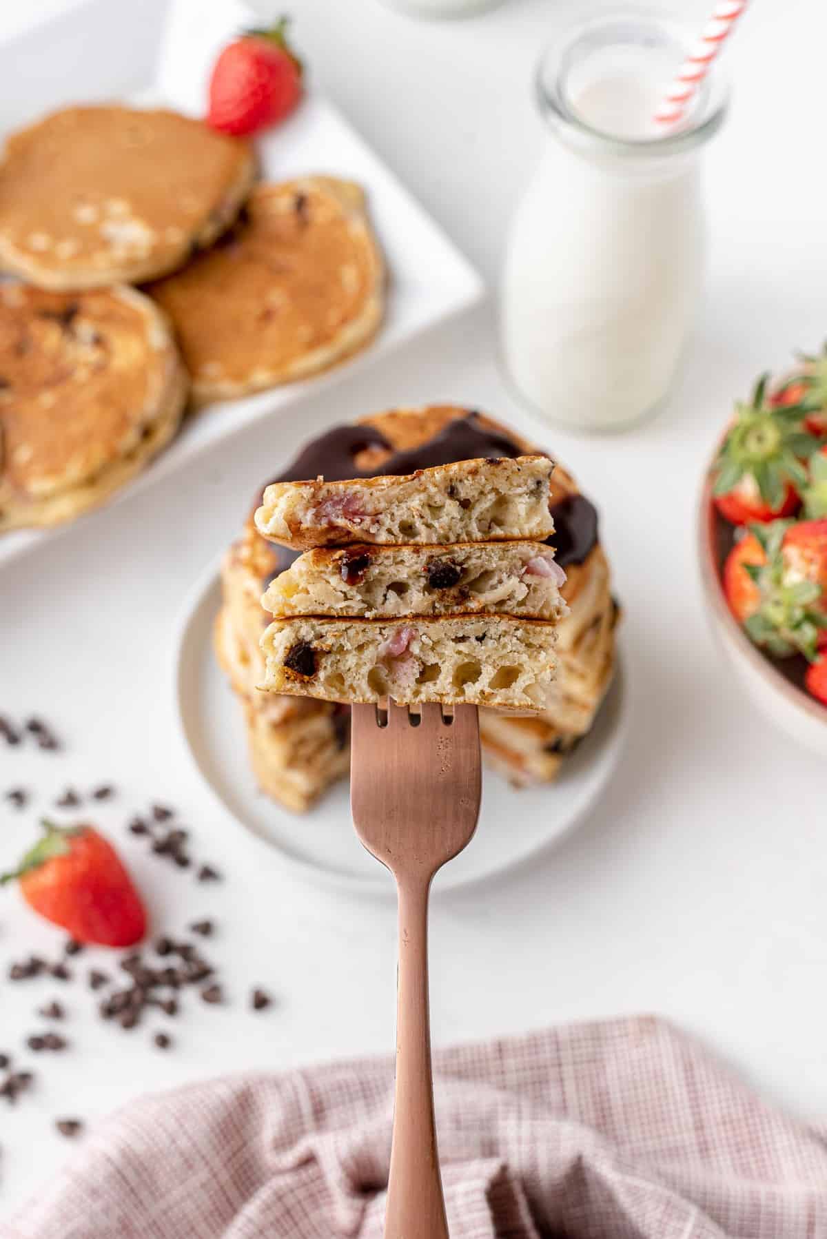 Cut pancakes on a fork.