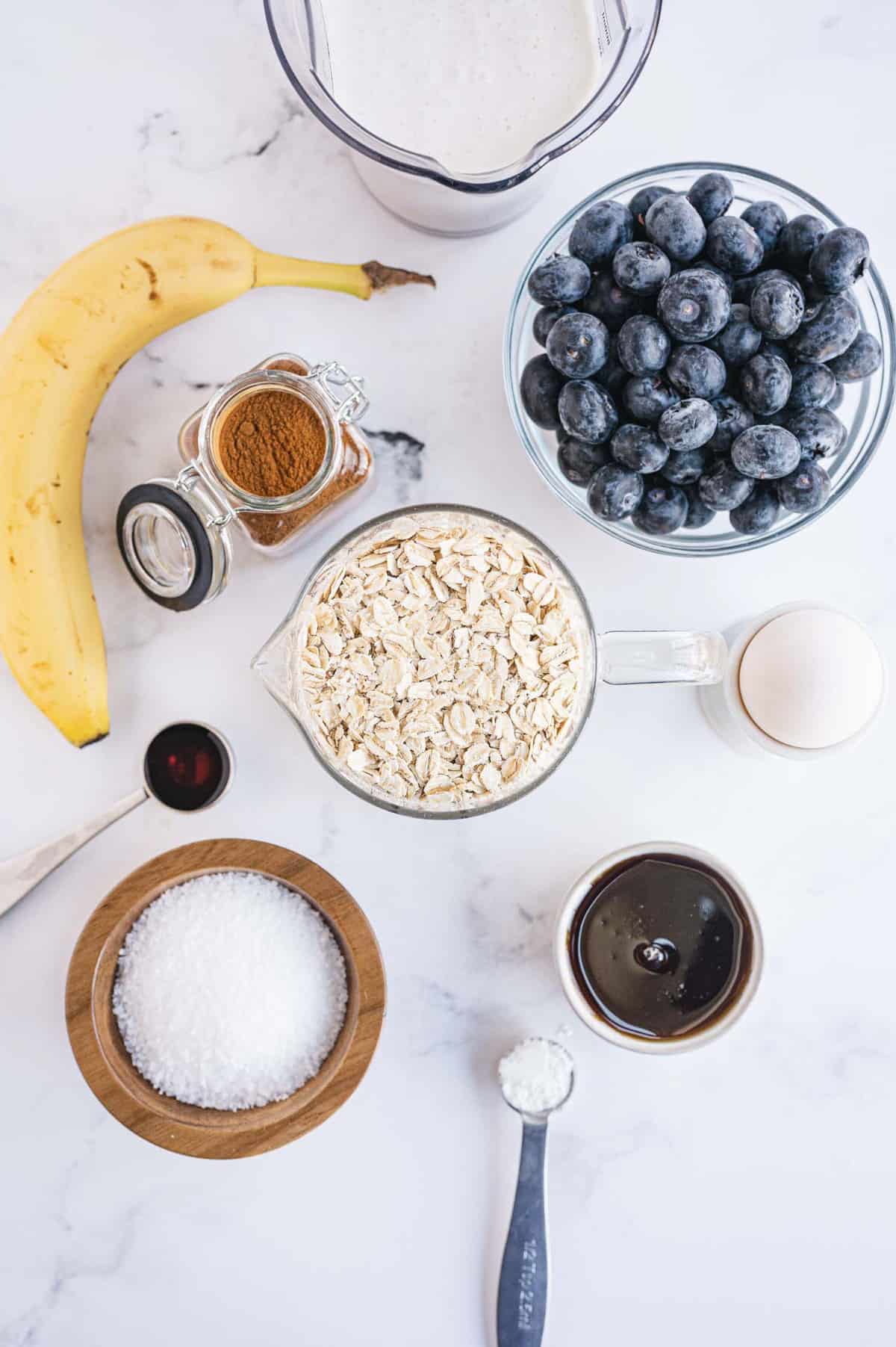 Ingredients needed for recipe, including blueberries and a banana.