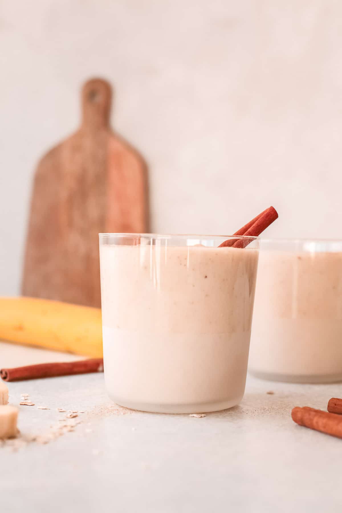 Banana smoothie, viewed from straight on.