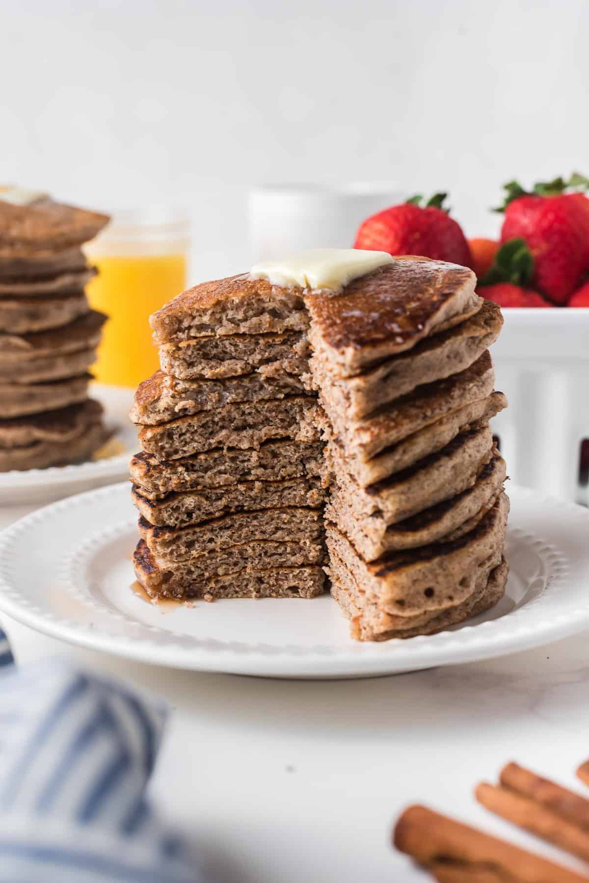 Pancakes with a wedge cut out to show texture.