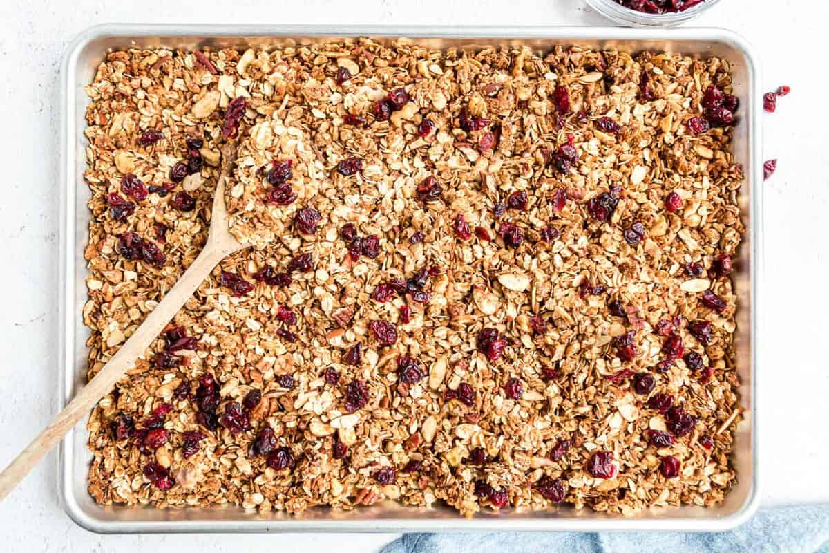 Dried cranberries added to granola.