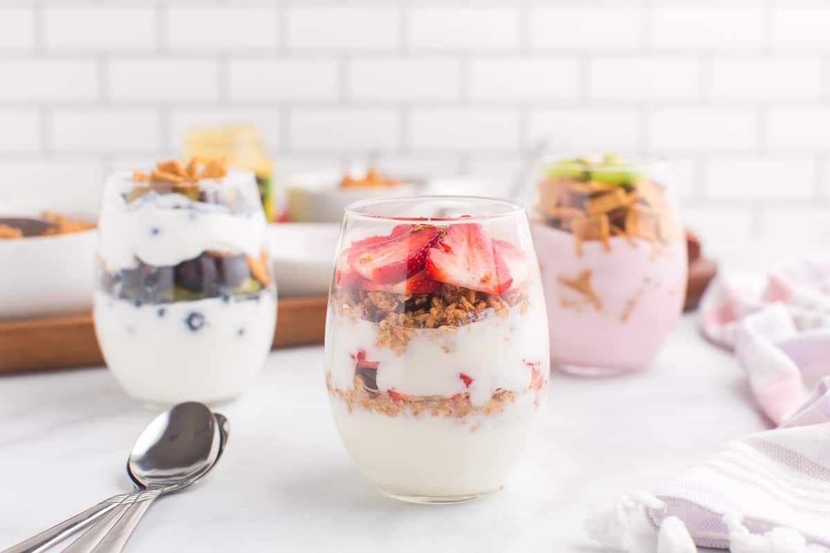Parfait with yogurt, strawberries, and granola.