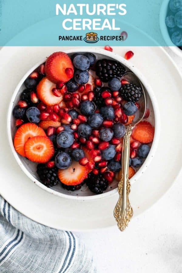 Fruit in a bowl with water and a spoon, text overlay reads "nature's cereal, pancakerecipes.com"