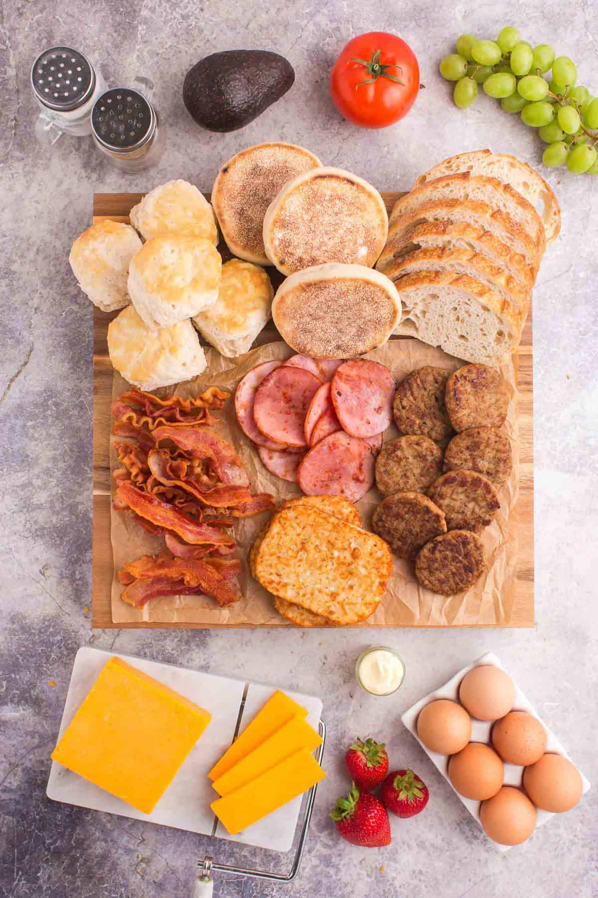 Not yet compiled breakfast board to make sandwiches.
