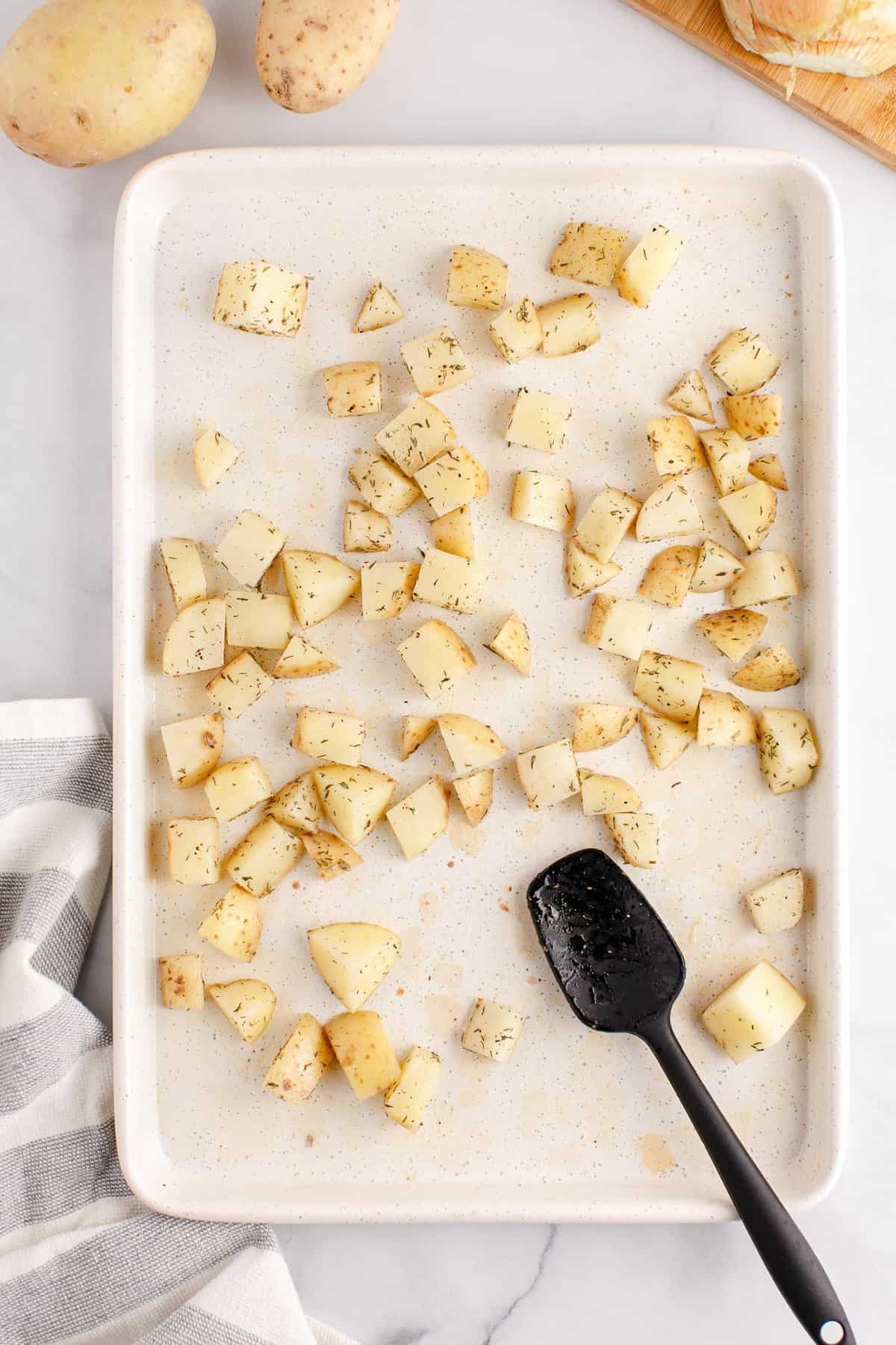 Potatoes on sheet pan.