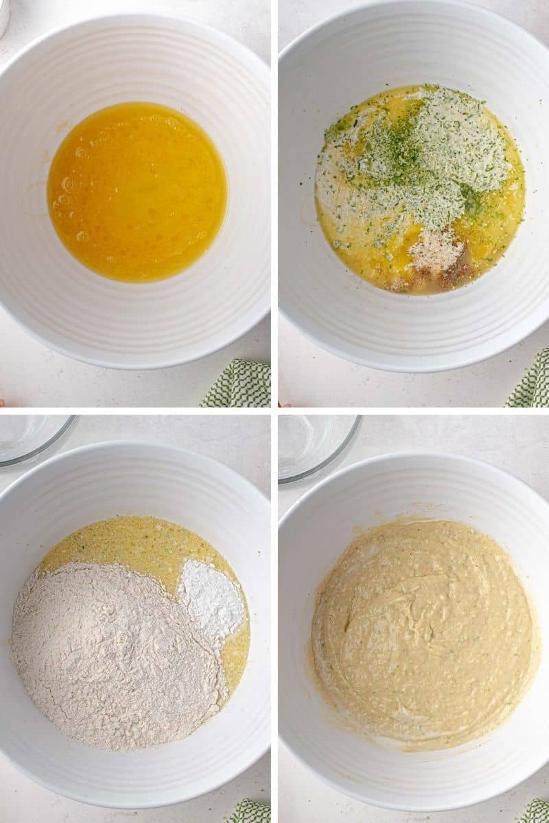 4 images showing steps of making pancake batter.