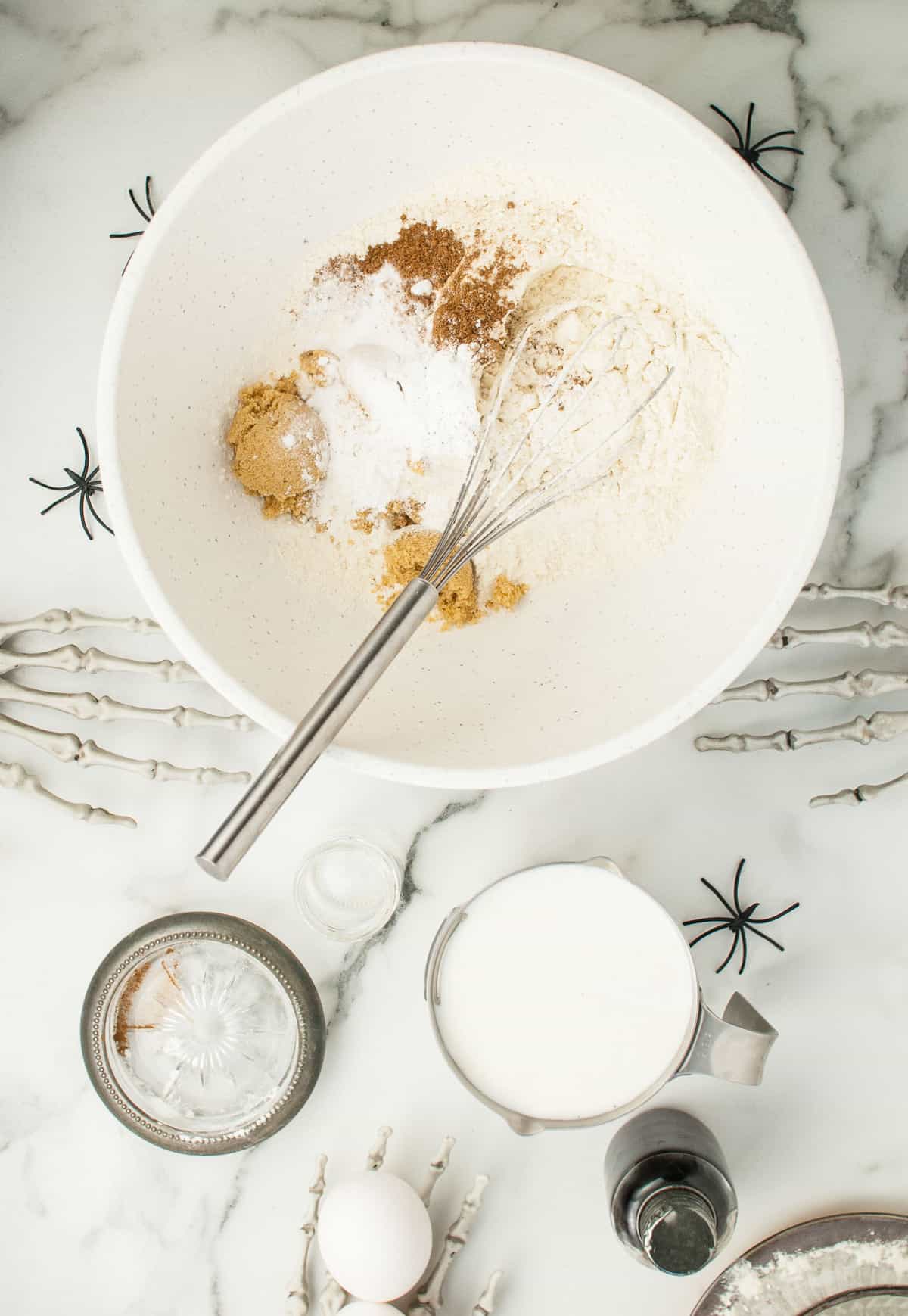 Dry ingredients in a white mixing bowl.