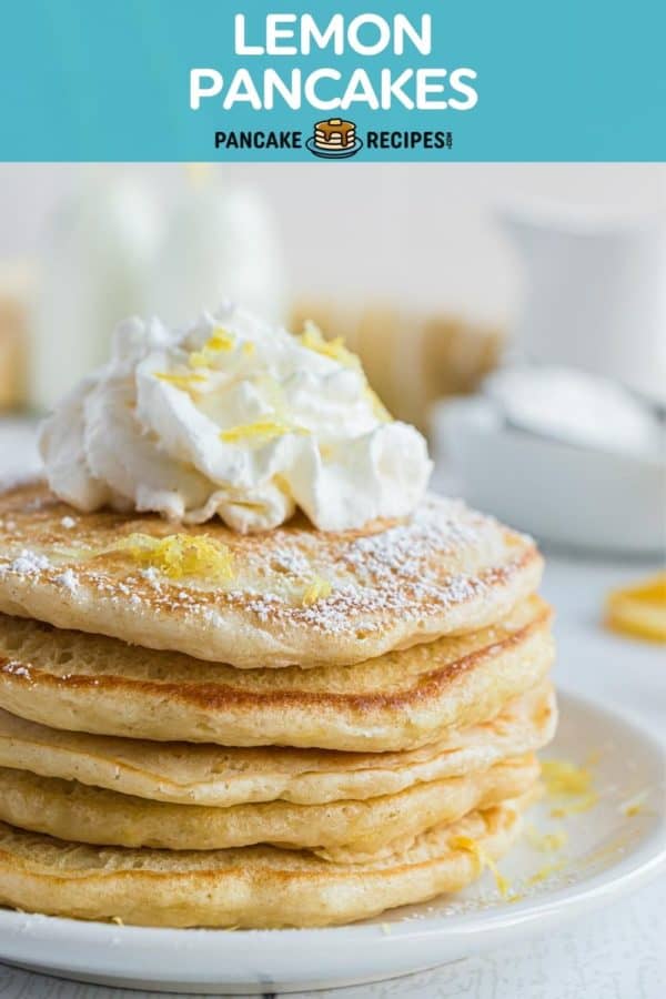 Stack of pancakes, text overlay reads "lemon pancakes."