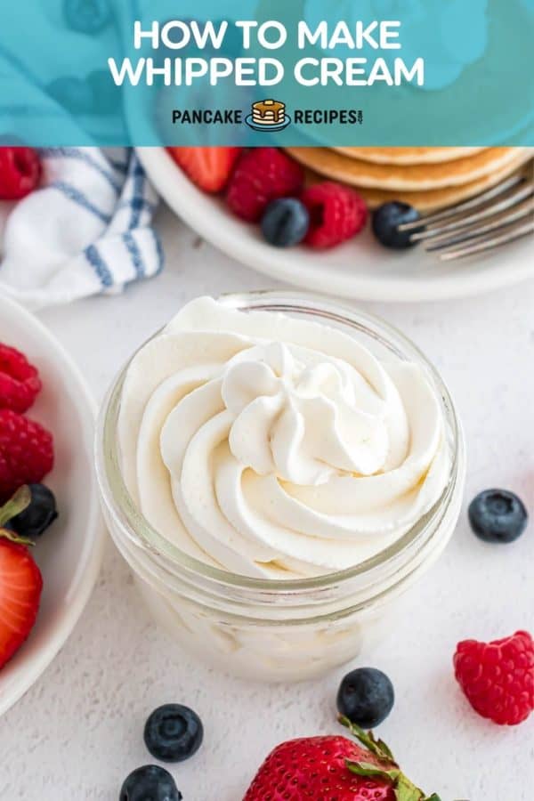 Whipped cream in a small jar, text overlay reads "how to make whipped cream."