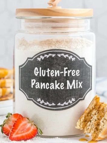Glass jar with wooden lid, text overlay reads "gluten-free pancake mix."