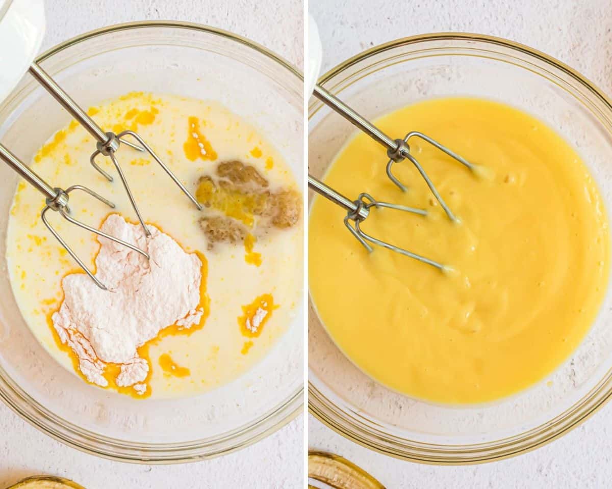 Banana pudding before mixing and after.
