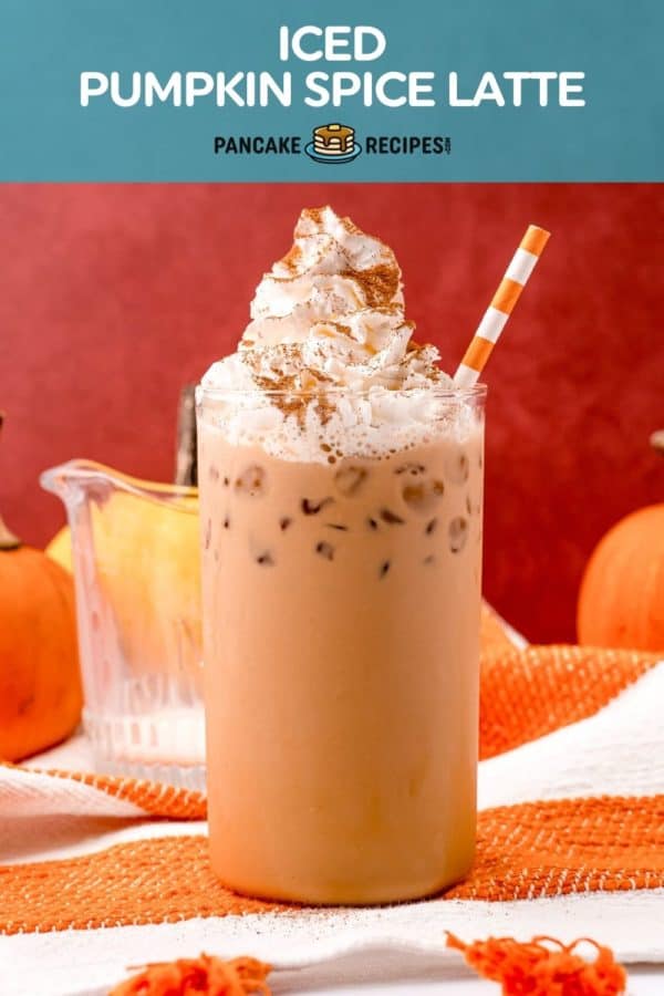 Iced coffee drink, text overlay reads "iced pumpkin spice latte."