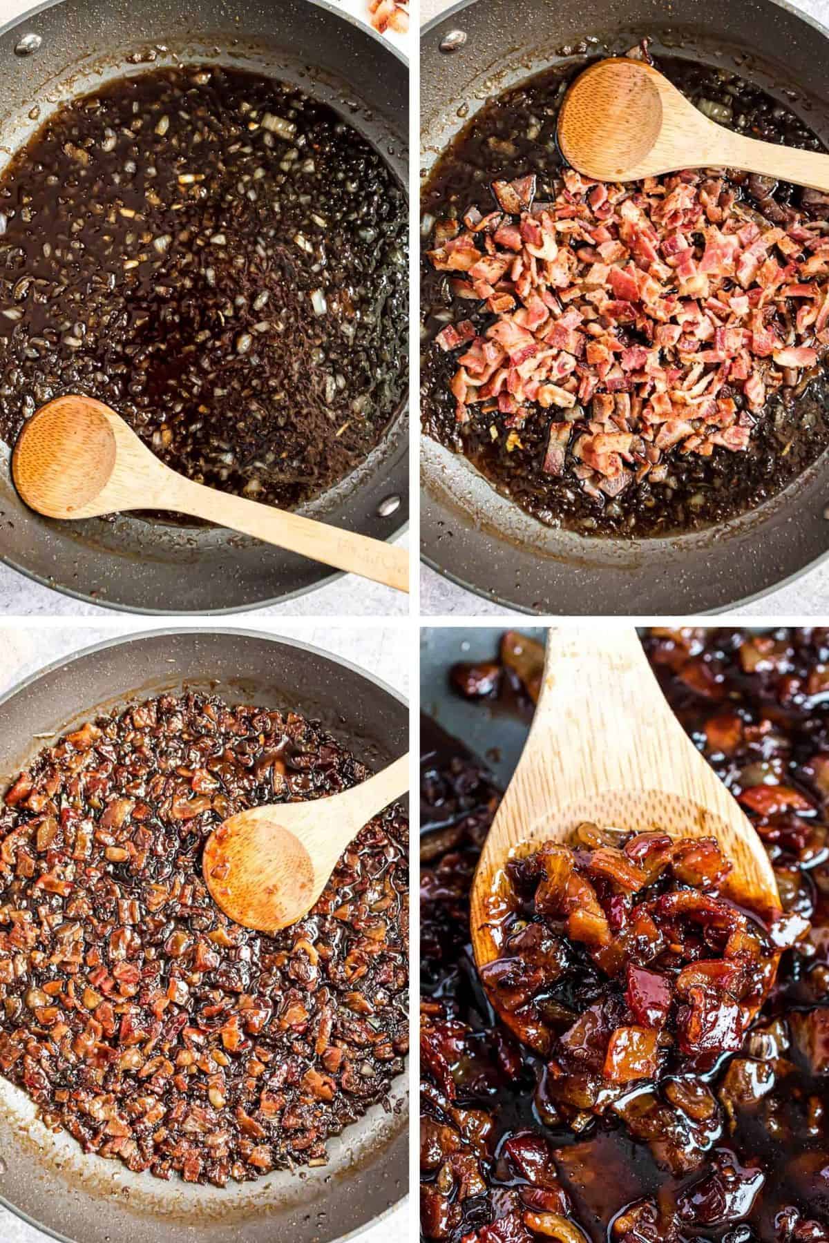 4 images of bacon jam getting thick, finished product in lower right hand corner.