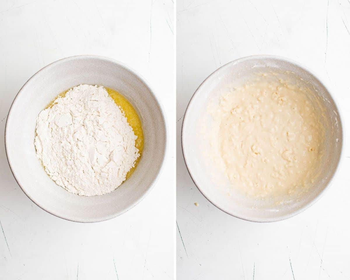 Pancake batter before and after being stirred together.