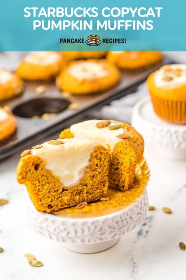 Muffin split in half to show cream cheese filling, text overlay reads "starbucks copycat pumpkin muffins."