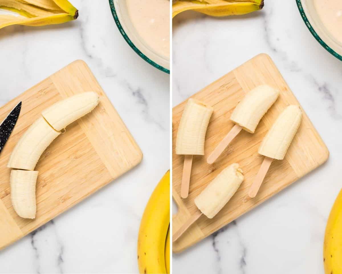 Two images showing how to cut and prep bananas for frying.