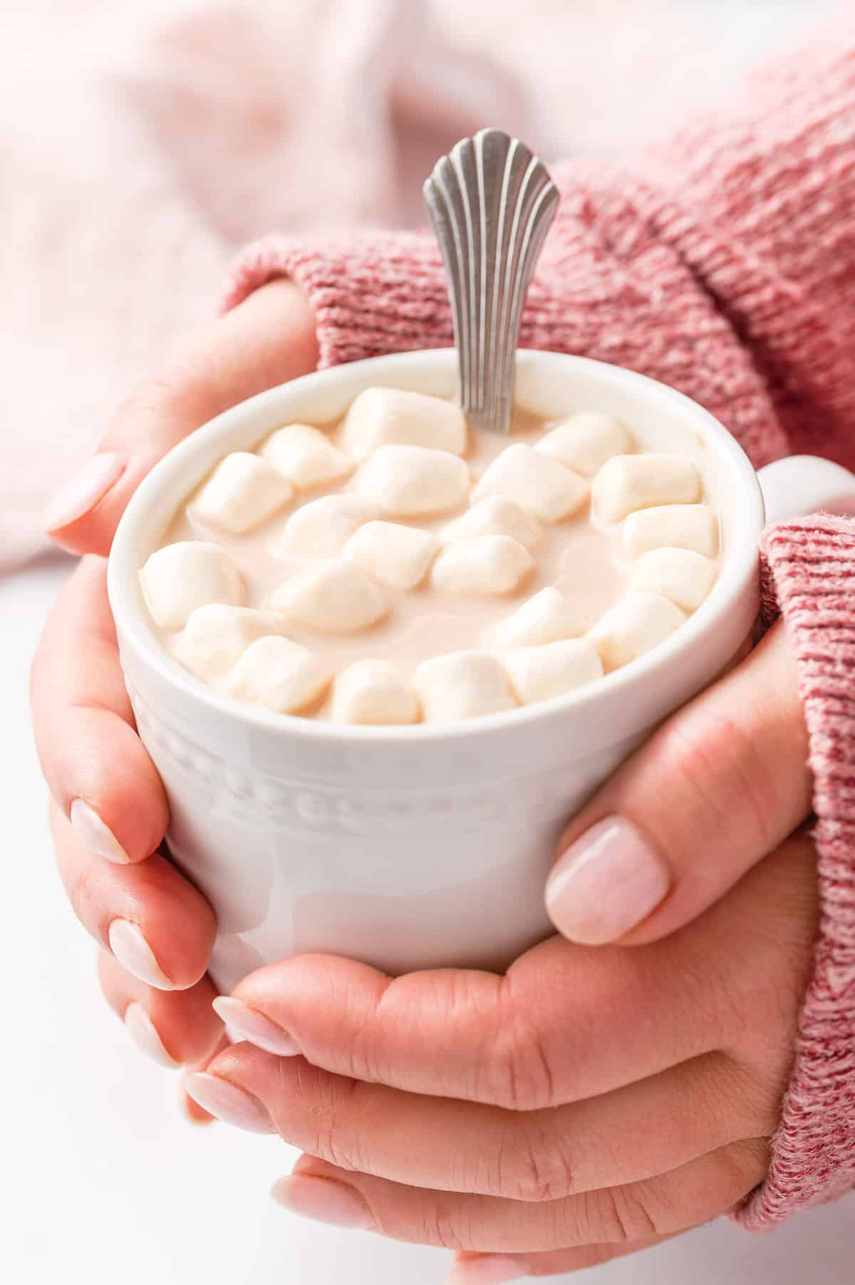 Hands holding a white mug of hot cocoa with marshmallows.