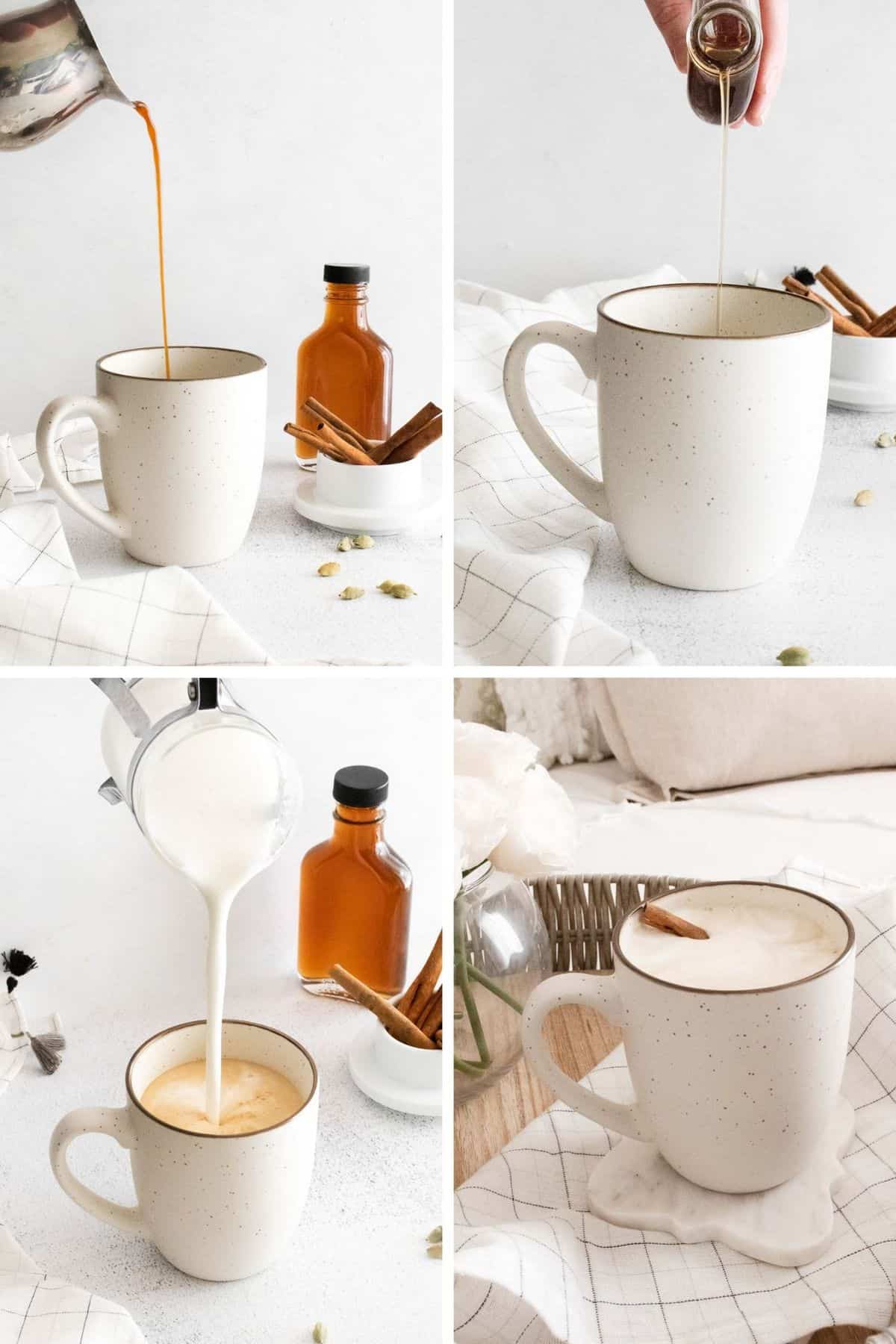 Four images showing a latte being made with homemade syrup.