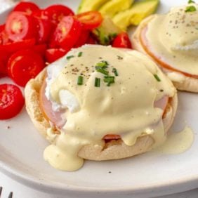 English muffin with Canadian bacon, egg, and easy hollandaise sauce.