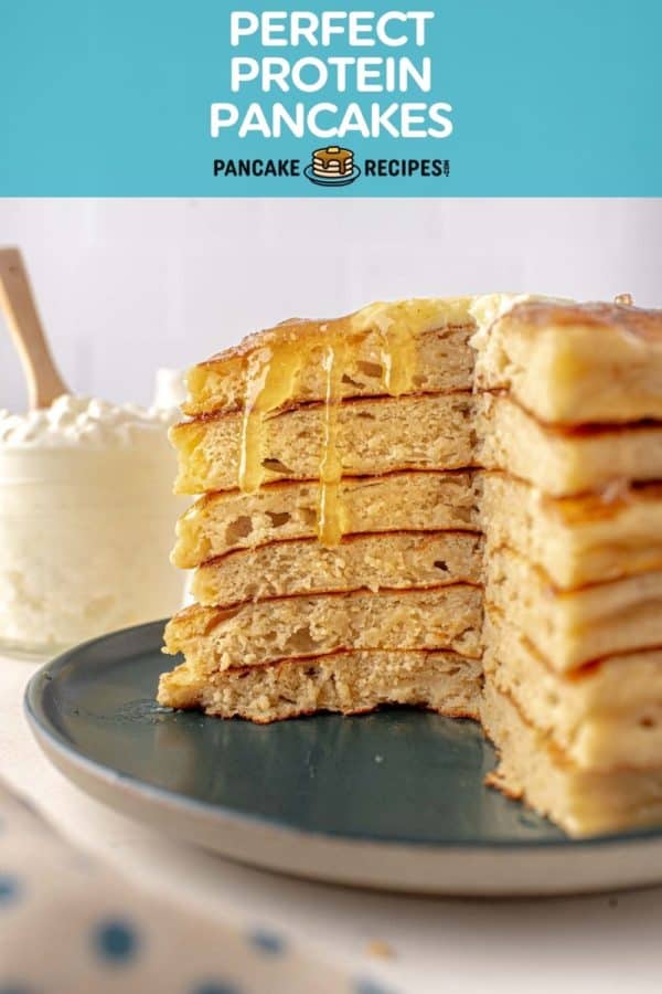 Stack of pancakes, text overlay reads "perfect protein pancakes."