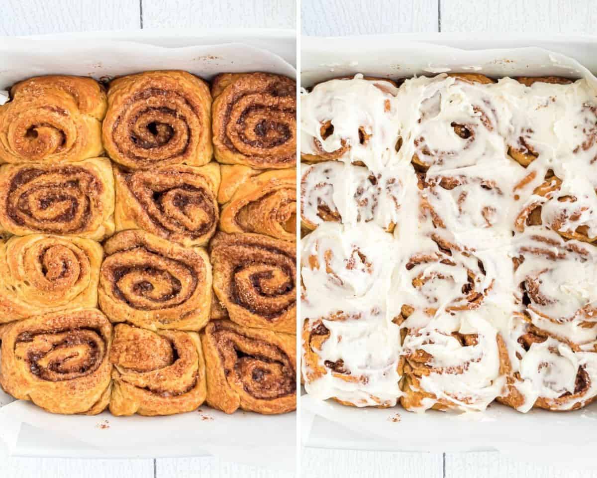 Cinnamon rolls before and after adding icing.