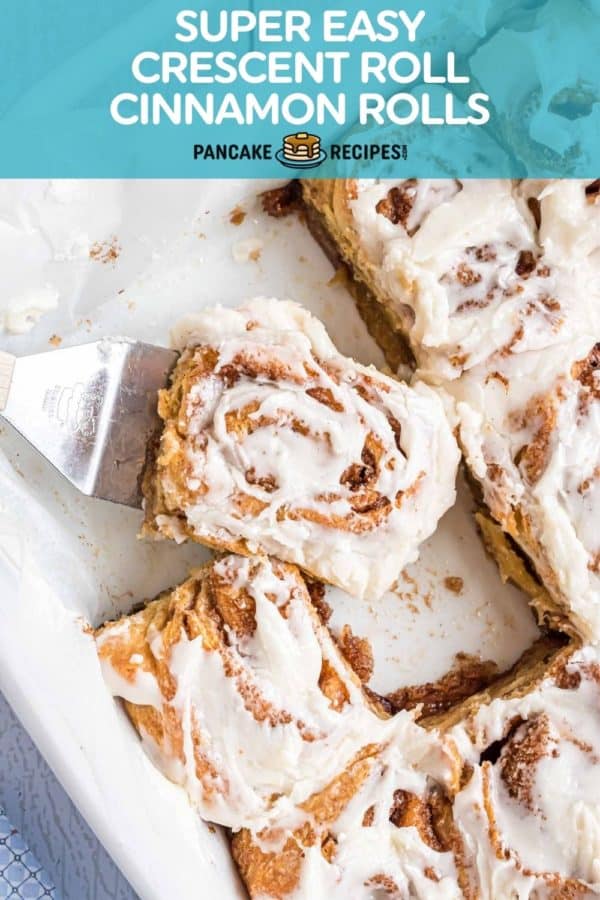 Cinnamon rolls in a pan, text overlay reads "super easy crescent roll cinnamon rolls."