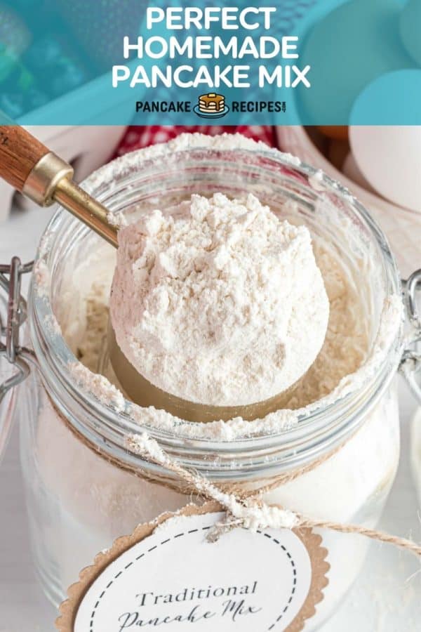 Dry ingredients in a jar, text overlay reads "perfect homemade pancake mix."