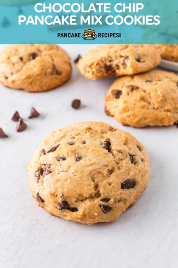 Cookie, text overlay reads "chocolate chip pancake mix cookies."