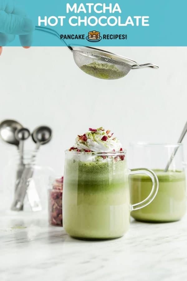 Green beverage, text overlay reads "matcha hot chocolate."