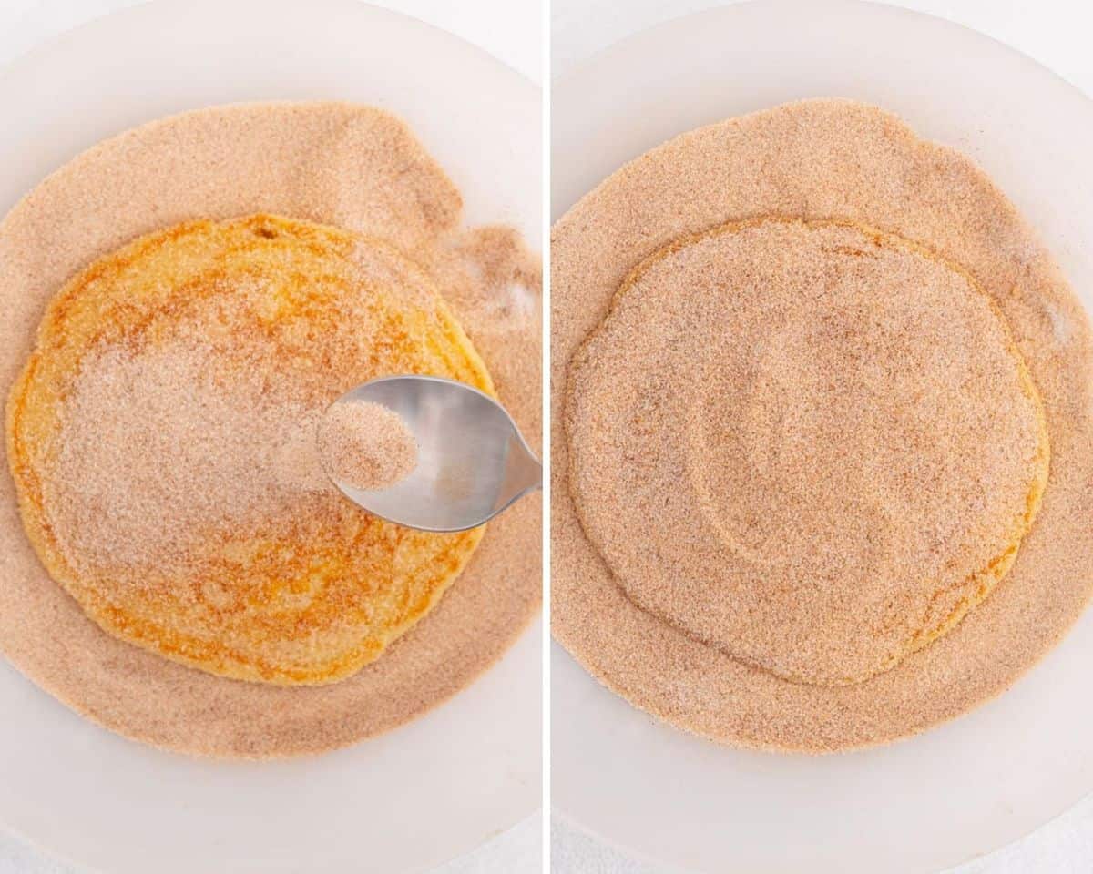 Pancake being coated with cinnamon sugar mixture.