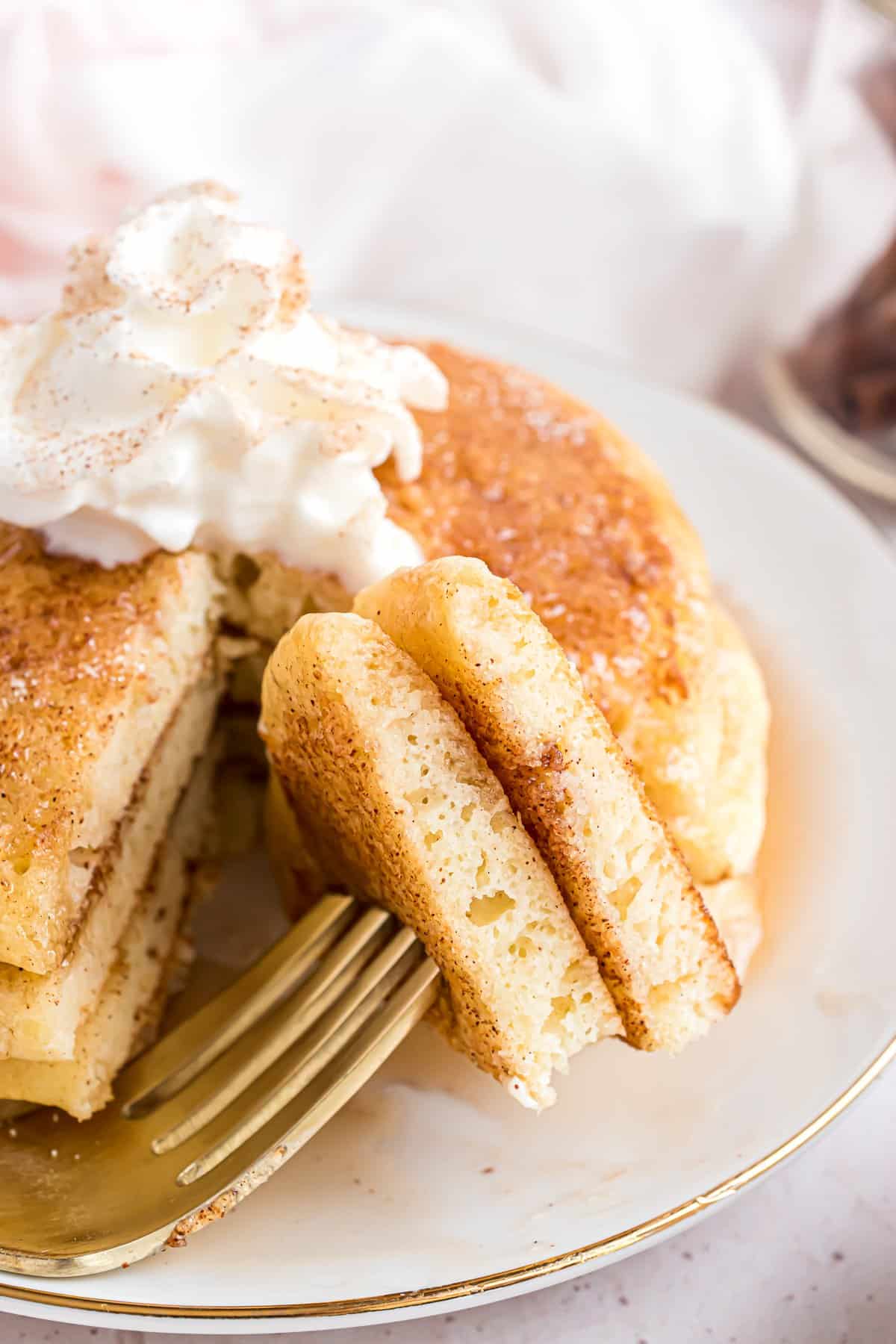 Cinnamon dusted pancakes, cut to show texture.