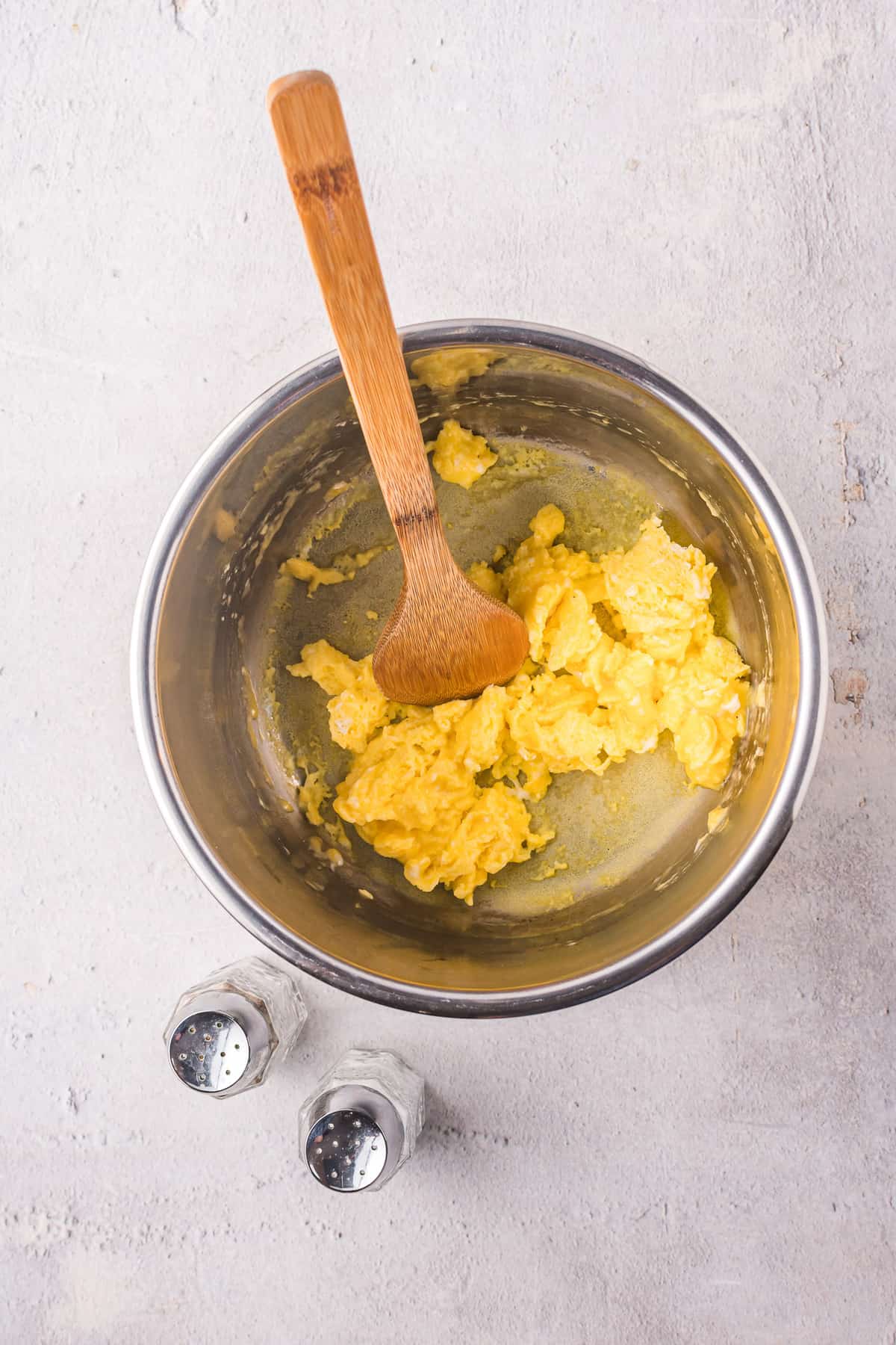 Instant pot scrambled eggs in pot.