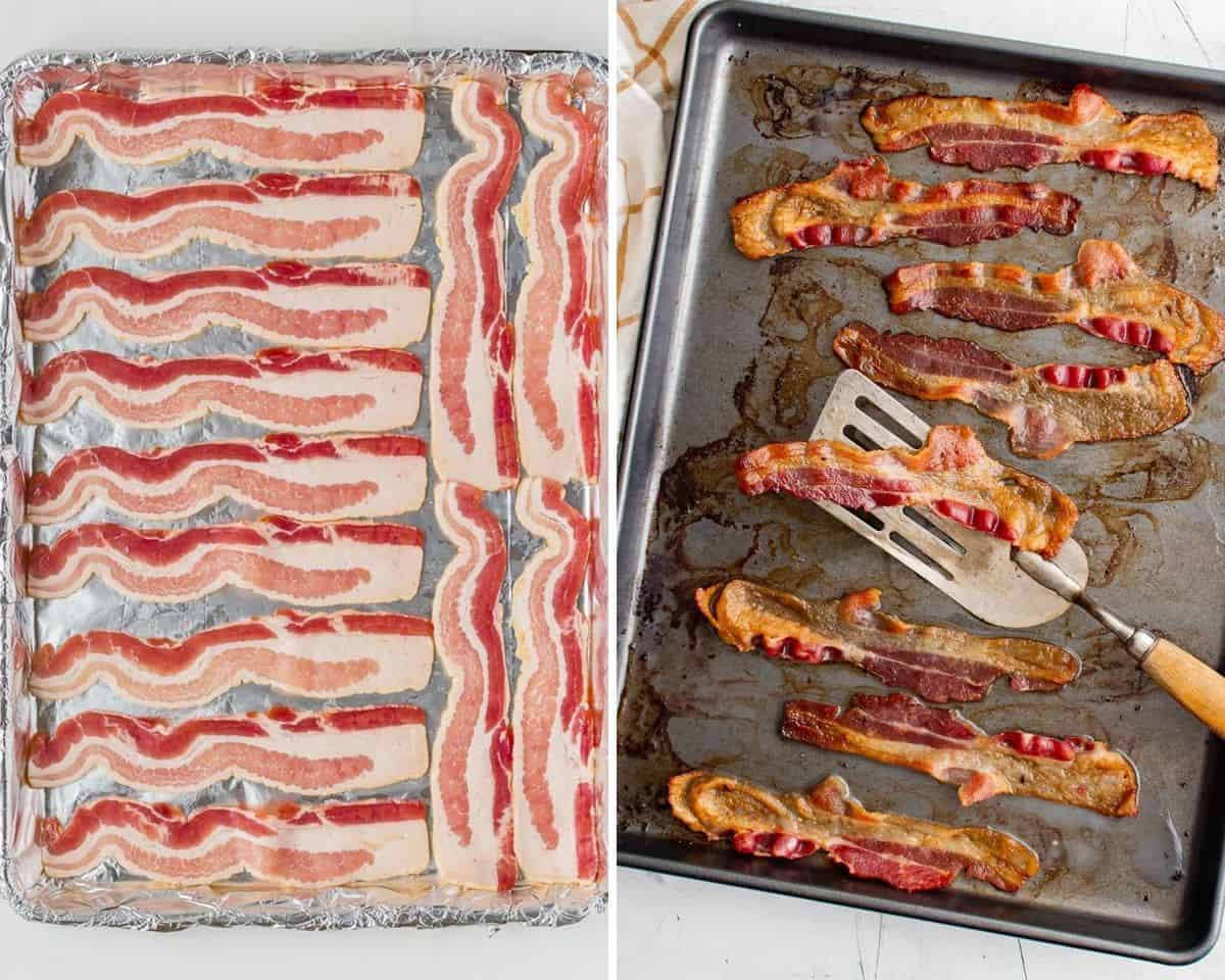 Bacon before (left) and after (right) being cooked.