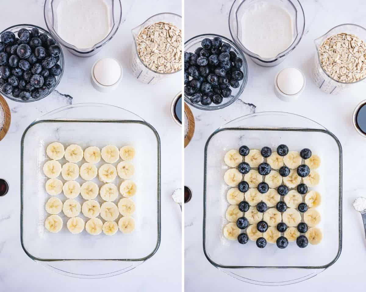 Bananas and blueberries added to baking dish.