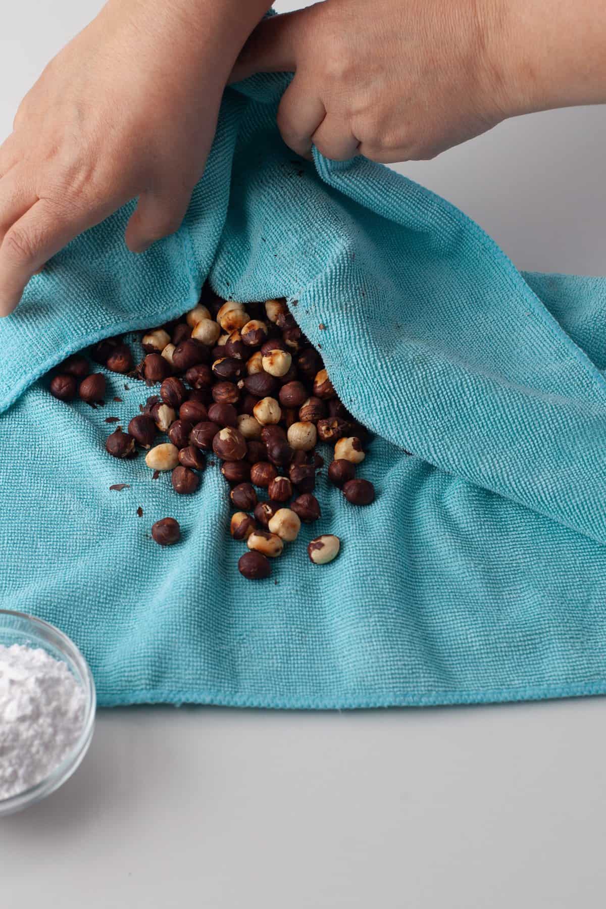 How to rub the peels off hazelnuts.