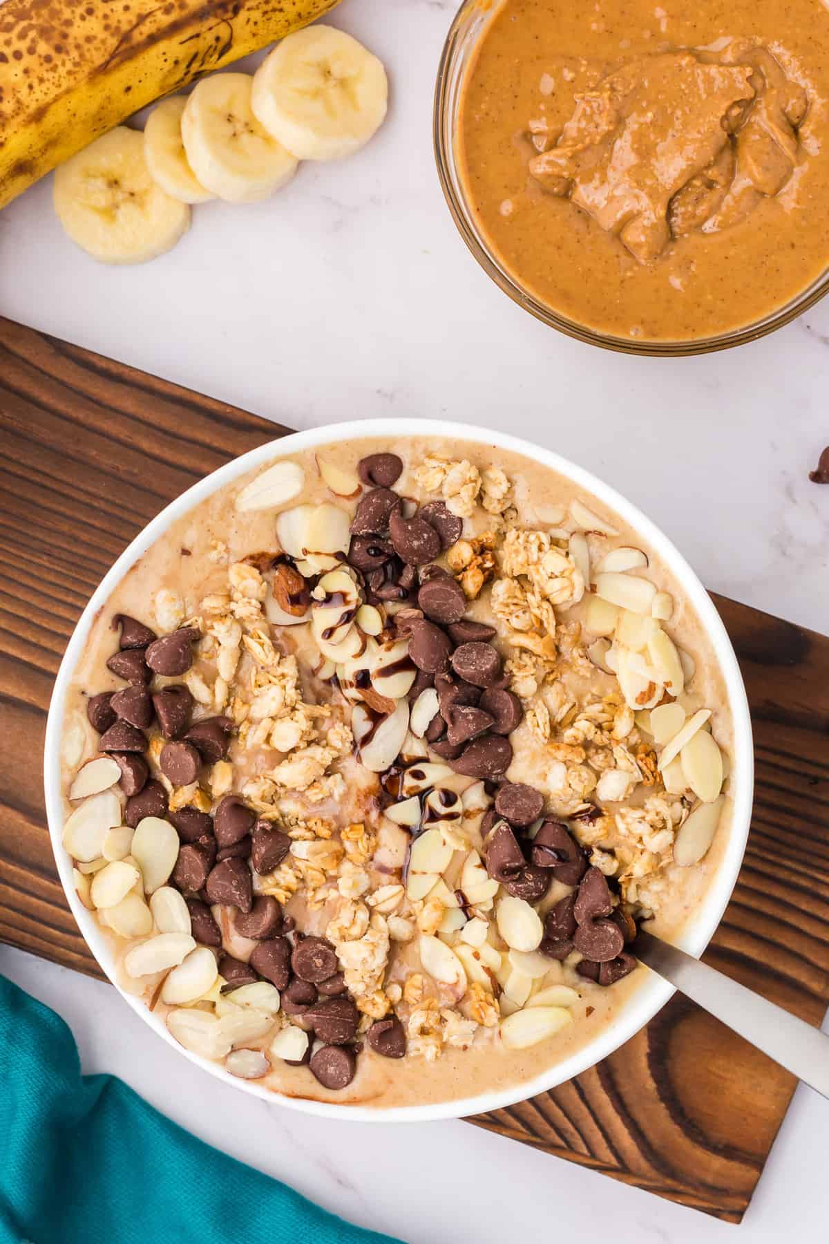 Overhead view of smoothie bowl with toppings.